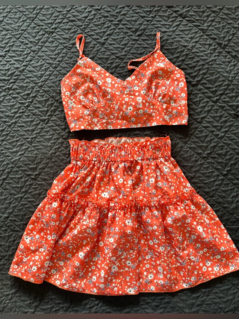 SHEIN Orange Floral Crop Top and Skirt Set